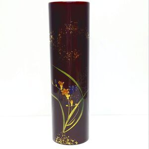 Japanese Wajima Brown Lacquer Bamboo Shaped Vase Floral Theme Vintage